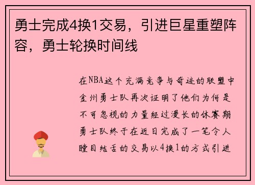 勇士完成4换1交易，引进巨星重塑阵容，勇士轮换时间线