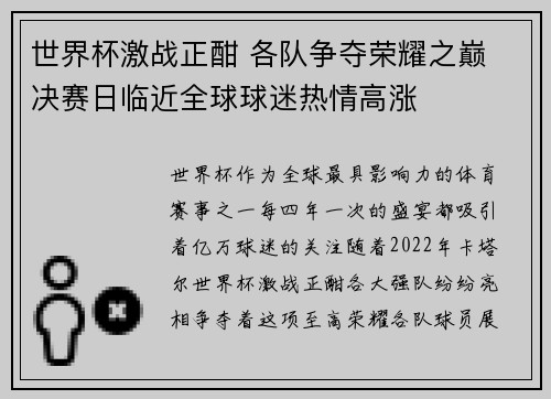 世界杯激战正酣 各队争夺荣耀之巅 决赛日临近全球球迷热情高涨